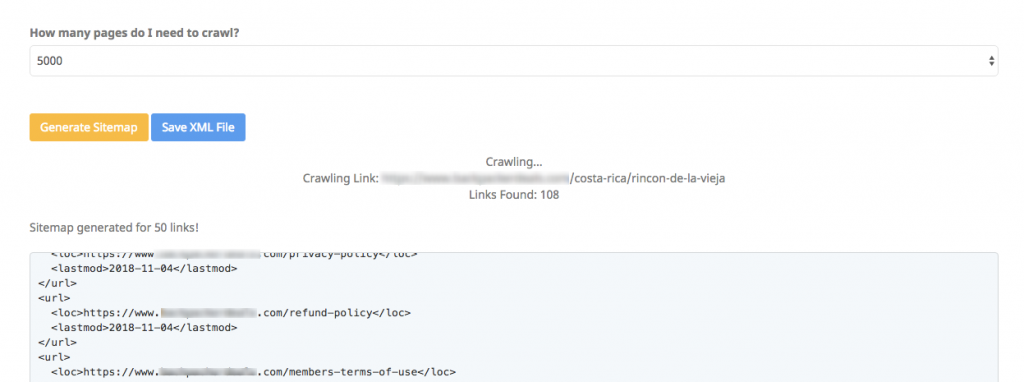 seoptimer.com sitemap generator showing crawling the pages to generate sitemap